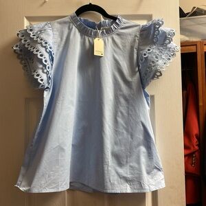 JODIFL Blue and White Flutter Sleeve Blouse with Mandarin Collar